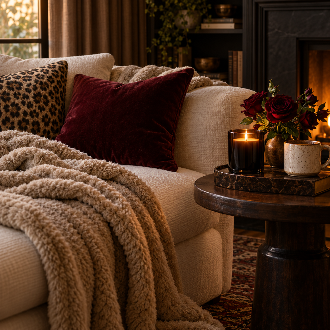 Cozy candlelit home with sofa and blanket